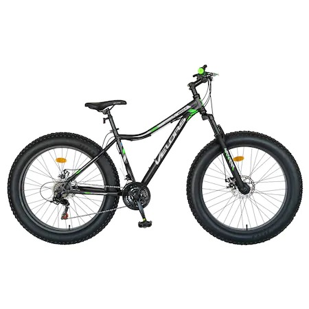 Bicicleta MTB Fat Bike Wolf JSX2605D, brand Velors, roata 26 inch, MTB, frana Disc fata/spate , echipare Shimano. 21 Viteze, marime L, negru cu verde